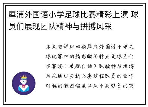 犀浦外国语小学足球比赛精彩上演 球员们展现团队精神与拼搏风采