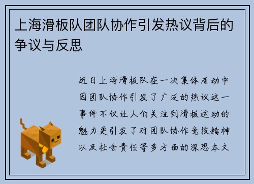 上海滑板队团队协作引发热议背后的争议与反思